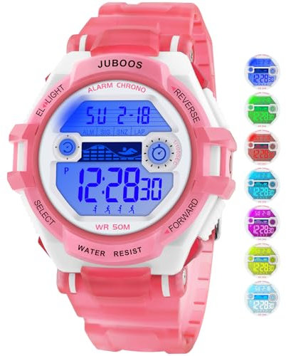 Juboos Reloj Digital para Niños Niña,Luz Intermitente LED de 7 Colores Reloj de Pulsera Niña Multifunción con Pantalla Impermeable para.Reloj Deportivo Digital para Niños,3 a 15 (Gelatina Rosa)