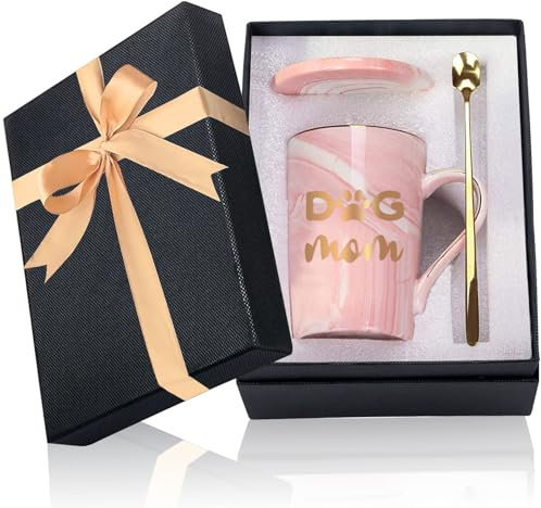 Cadeaux pour maman, tasses avec inscription « Dog Mom ». Tasse en céramique marbrée de 400 ml avec couvercle et cuillère Cadeaux pour femmes, cadeau d'anniversaire pour maman, fête des mères, cadeaux