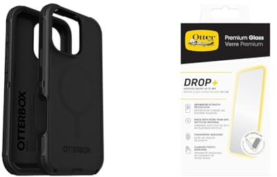 OtterBox Bundle Defender Series MagSafe Case for iPhone 16 Pro Max, Shockproof, Drop Proof, Ultra-Rugged, Protective Case, Black & Premium Glass Screen Protector