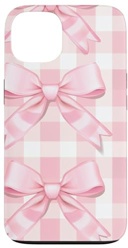 Custodia per iPhone 13 Grandi fiocchi rosa su sfondo a scacchi rosa pallido
