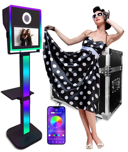 HpLNDas Mirror Photo Booth with 15.6 Touch Screen, DSLR Camera Photo Booth with Flight Case for Wedding Rental, Mini PC(8GB+128G) + Windows 10 + RGB Light,Black