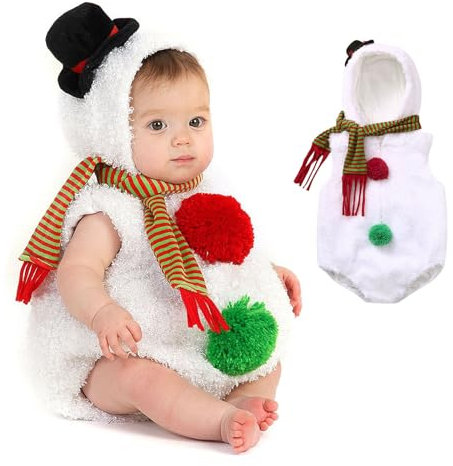 Raopuzi Disfraz Muñeco de Nieve Bebe, Disfraz Navidad, Body Bebe con Capucha, Ropa Mono sin Mangas de Dibujos Animados Y Conjunto de Bufanda, Cosplay para Bebé de Lana Trajes de Fiesta Blanco
