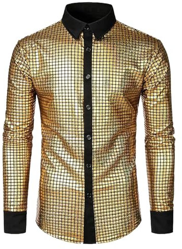 2024 Metallic-Hemden Cosplay Knopfleistenshirt Pailletten Hemd 70Er Outfit Langarm Disco Party Karneval Kostüm Freizeithemd Regular Fit Glitzer Glänzende