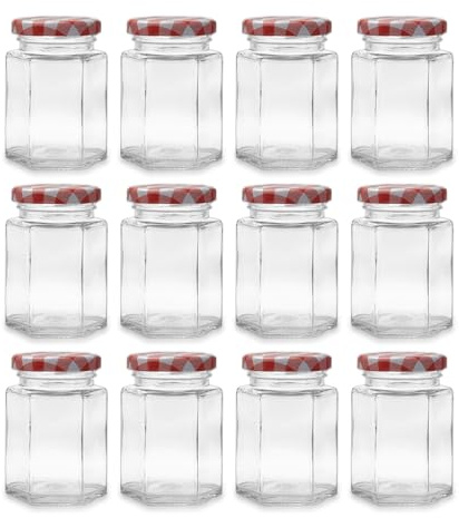 Hniuyun 12 Pack Hexagonal Glass Jam Jars, 100ml 3.3 fl.oz Glass Jar with Lid for Sealing, Clear Canning Jars for Food Storage, Spices, Honey, DIY Projects (Red)