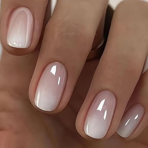 Ceboic 24Pcs Faux Ongles Court Carré Français Rose Blanc Dégradé Ongles à Coller Glossy Press on Nails 12 Tailles Capsules Ongles Artificiels Acrylique Faux Ongles Autocollants pour Femme Fille