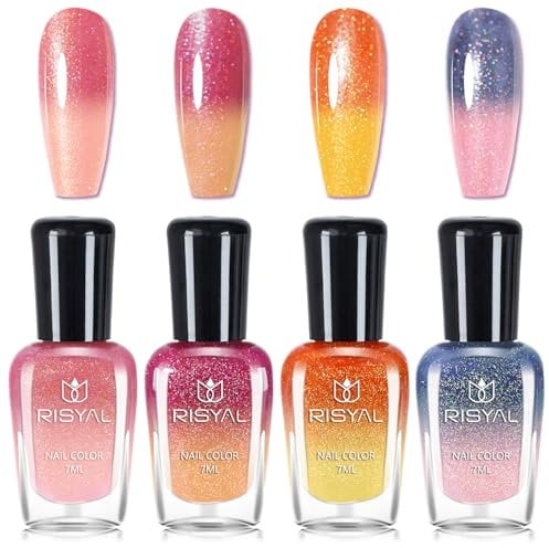 Colour Changing Nail Polish Set - Quick Dry Nail Varnish Set - Orange Blue Pink Glitter Nail Polish - No Bake Thermal nail polish Non UV Air Dry Long Lasting for Women DIY Nail Art