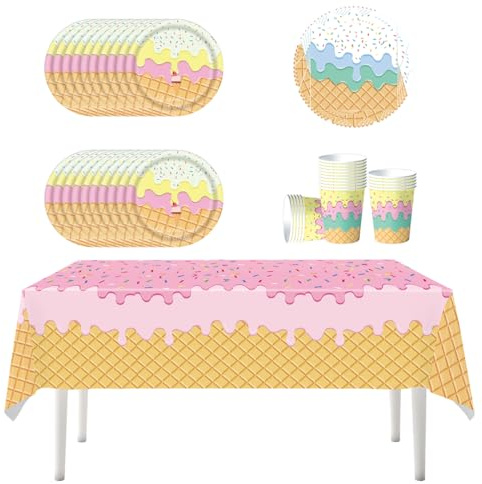YINcrinx Vajilla de helado de fresa, incluyendo platos, vasos, manteles, servilletas, adecuado para picnics al aire libre, fiestas de cumpleaños, baby showers, hasta 20 invitados