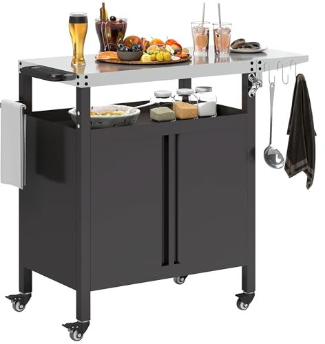 Outsunny Carrello Barbecue con Piano in Acciaio Inox e Tavolino Laterale Pieghevole, Tavolo Cucina da Esterno per Forno Pizza con Ruote, Maniglia, 6 Ganci e Apribottiglie, 116x50x93 cm, Nero