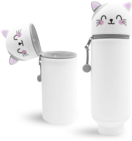 Wydexint Kawaii Étui École 2 en 1 en Silicone Souple, Trousse Ecole 2 en 1 en Silicone Souple Kawaii,Porte-Plume, Étui à Crayons Rétractable pour Garçons Filles Etudiants (Chat Gris)
