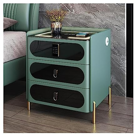 JKJZSALJ Wireless Charging Station End Table With Lock, Smart Nightstand Cabinet, Led Bedside Table With Usb, 3 Drawers - Wood Bedside Table,Green,40cm/15.7in