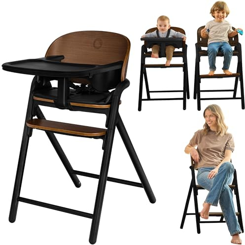 Lionelo Celia Holzhochstuhl zum Füttern, Wächst mit dem Kind von 6 Monaten bis 90 kg, Verstellbare Fußstütze, 5-Punkt-Gurte, Sitzkissen, Pflegeleicht
