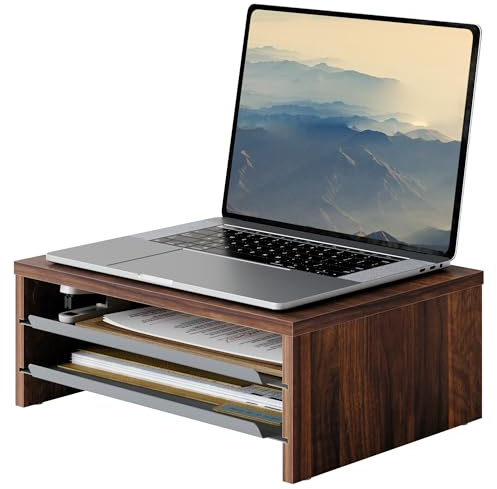 Fenge Monitor Stand, 36.4cm, 2 Metal Tray Drawers, Monitor Riser, Brown | 3 Tiers, Drop-Proof Raised Edge, Non-slip Pads, For Laptop PC TV Screen Computer Printer Office Home, Desk Shelf Organizer