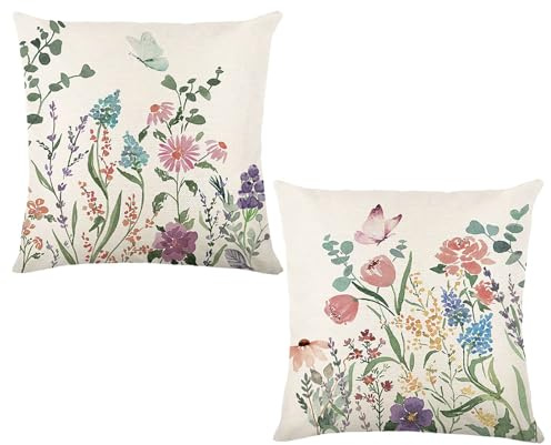 PPGGOPP Blumen Kissenbezug 45x45 cm,Set Kissenbezüge Blumen Aquarell,Set Kissenbezüge Frühling,Blume Dekorative Kissenhülle Zierkissenbezüge Dekokissen Leinen Kissenhülle für Sofa Schlafzimmer (B)