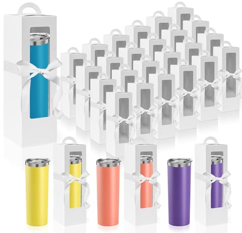 36 Pcs Tumbler Gift Box with Handle, Clear Window Wrapping Packaging Boxes | Size 8.5x8.5x28cm; Includes 2 Rolls of White Ribbon; Ideal for 12oz-30oz Sublimation Cups & Mugs; Christmas Crafts Exhibition