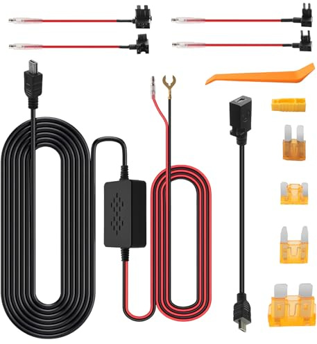 Dash Cam Hardwire Kit 3.2m 12V-24V to 5V Mini USB and Micro USB Port for Dash Cam GPS Sat-Nav Car Dash Camera Charger Power Cord with Low Voltage Battery Drain Protection 4 Fuses Power Adapters