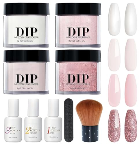 10Pcs/Set Dip Powder Nail Kit 4 Color Nail Powder Liquid Set with Base & Top Coat Activator for French Nails Art Manicure Salon DIY at Home Dip Kit