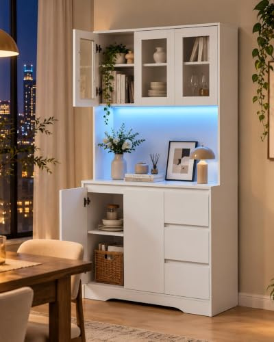 Ginhow Küchenschrank, Sideboard mit Arbeitsplatte und 3 Schubladen, Buffetschrank mit Steckdose & Led, Verstellbare Einlegeböden, Mehrzweckschrank für Küche oder Esszimmer, 100 x 39 x 180 cm, Weiß