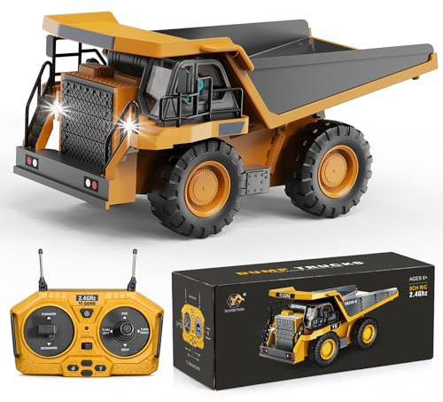 YESHIN Camion-benne télécommandé, 1:20 RC pelle, jouet benne basculante 9 canaux, véhicule de chantier métallique RC, commande à distance 2.4GHz, lumière LED, camion-benne à déchargement automatique
