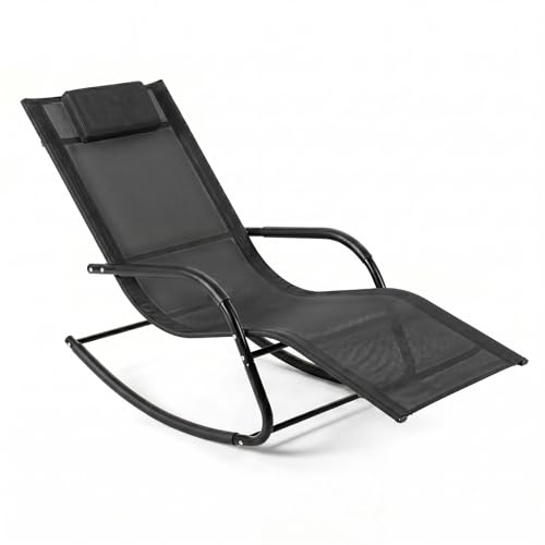 COSTWAY Tumbona Mecedora Jardín, Silla Mecedora con Tejido Transpirable, Reposabrazos Curvos y Reposacabezas Desmontable, Sillón Balancín Exterior Balcón Patio Terraza, Carga 160 kg (Negro)