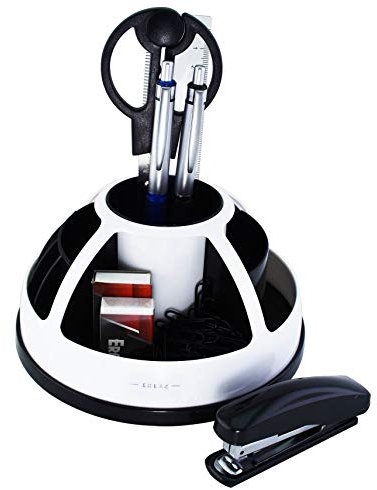 EXERZ Tisch-Organizer/Stiftehalter/Schreibtischset 360° drehbares Ablagesystem mit Bürobedarf – Schere, Hefter, Heftklammern, Lineal, Radiergummi INKLUSIVE (Weiß)