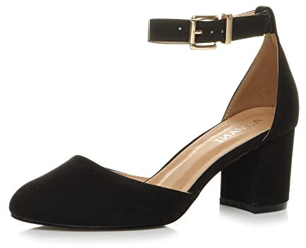 Womens Ladies Low mid Block Heel Ankle Strap Court Shoes Sandals, Black Suede, 7 UK