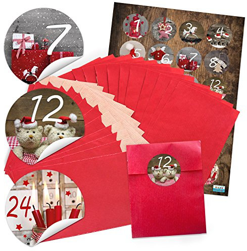 Logbuch-Verlag 24 kleine rote Papiertüten Adventskalender Tüten mini zum Befüllen mit Adventskalenderzahlen Sticker 9,5 x 14 cm