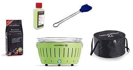 LotusGrill XL Starter Set 1x VERDE LIME 1x CARBONE legno di Faggio 1KG, 1x PASTA MASTERIZZAZIONE 200ml, 1x Pennello da barbecue ULTRA marinblau, 1x Borsa trasporto - Der raucharme a carbone/