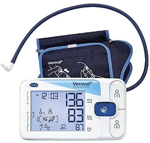 VEROVAL, Tensiómetro de Brazo Digital Duo Control, Medidor de Tensión Arterial, Aparato para Medir la Tensión Arterial, Medición Rápida y Precisa, Dúo Sensor, 200 Lecturas, Talla Grande (32-42cm)