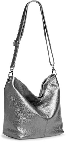 Caspar Klassisch Elegante Leder Handtasche Damen Tasche mit verstellbarem Schultergurt - PREMIUM LINE - Modell No.803 - Made in Italy, Farbe:dunkelsilber metallic, Accessoires:One Size
