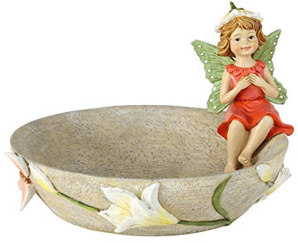 CasaJame Vogeltränke mit Elfe, dekorative Gartenschale, Kunstharz, wetterfest, rot, 16cm Höhe, 25cm Durchmesser, romantische Gartendeko