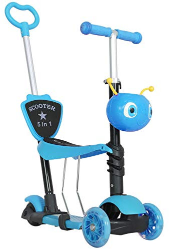 HOMCOM 5 en 1 Trottinette pour Enfants Trottinette 3 Roues évolutive Hauteur Guidon réglable Charge Max. 60 Kg Canne télescopique Selle Dossier Amovible Bleu