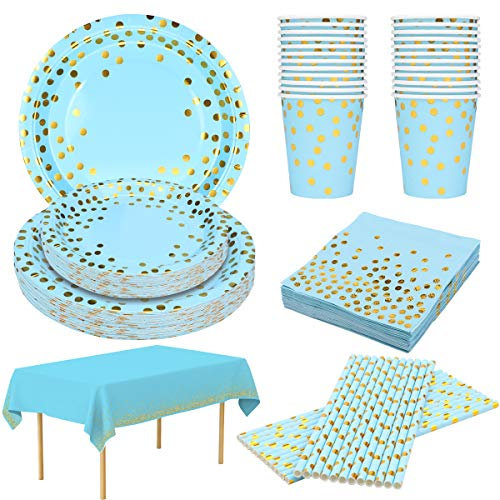 Derata 24 Gäste Blau und Gold Partygeschirr Einweg Pappteller Servietten Pappbecher Strohhalm Tischdecke für Babyshower Boy Geburtstagsfeier Jubiläen Brautdusche Goldene Punkte Blau Partyteller