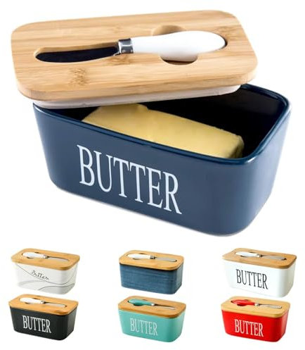 Hasense Porcelain Butter Dish with Wooden Lid - Covered Butter Keeper with Butter Knife for Countertop, Airtight Butter Container with Cover, Blue