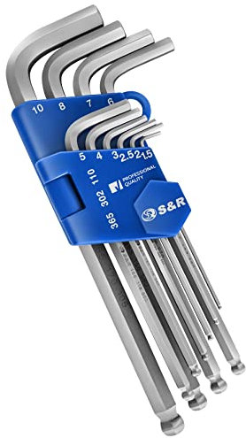 S&R Set de 10 clefs Allen hexagonales longues males à embout sphérique. Diam: 1,5/2/ 2,5/3/ 4/5/ 6/7/ 8/10 mm