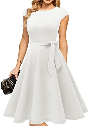 DRESSTELLS Abito da tè Vintage per Donne, Abiti da Cocktail Party Anni '50, Abito da Damigella d'Onore Modesto per Matrimonio, Abito da Ballo in Forma, Abito da Lavoro Casual Aline Bianco M