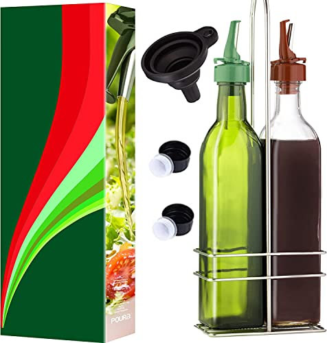 POURA Bouteilles en Verre pour Huiles d’Olive et Vinaigres avec Bec Verseur CLICKSEAL, Lot de Versement de Vinaigre et d'Huile d'Olive 250 ml, Accessoires de Cuisine, Inc. Entonnoir Carafe en Silicone