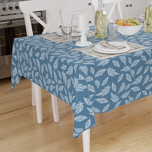 Encasa XO Tischdecke, Bedruckt, Esstisch Tischtuch 140x180 cm | Große Blätter blau, 100% Baumwolle | Maschinenwaschbar | Strapazierfähig | 4 to 6 Seater Esstisch | Rechteckig