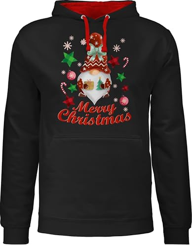 Pullover Herren Frauen Hoodie Kontrast zweifarbig - Weihnachten Geschenke Bekleidung - Weihnachtlicher Wichtel I Weihnachtsmotiv I Merry Christmas Wichtelmotiv - XXL - Schwarz/Rot - weinachtspullis