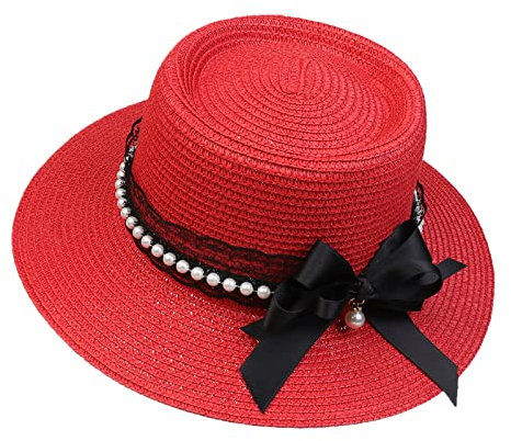 JK Home Panama Eté Femme Chapeau de Soleil avec Nœud de Papillon Capeline Large Bord pour Plage Mariage Camping Rouge