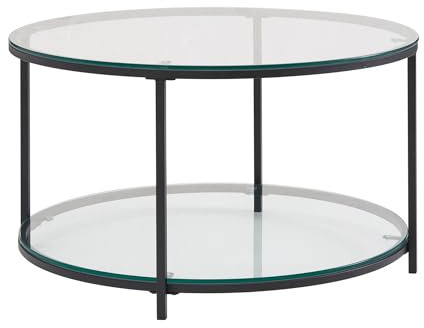 Wohnling Couchtisch Rund 80x80x45 cm Glas Metall mit Stauraum | Wohnzimmertisch mit 2 Ablageflächen, Sofatisch im Materialmix, Loungetisch mit Ablagefach, Glastisch modern