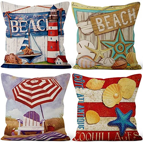 Aoihrraan 46x46cm 4er Set Decorativo Kissenbezug Strand Tropisch Strand Seestern Quadratische Dekokissen Aus Mit Unsichtbarem Reißverschluss Leinen Zuhause Dekor Für Couch Sommer Garten Outdoor Sofa