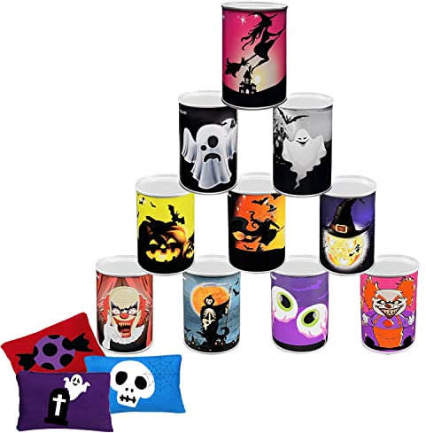Ulifeme Kinder Dosenwerfen, Dosen Werfen Spiel für Kindergeburtsta & Parties, Dosenwurfspiel mit 10pcs Halloween-Muster Dosen & 3pcs Wurfsäckchen Set für Gartenspiele, Geschenk für Kinder & Erwachsene