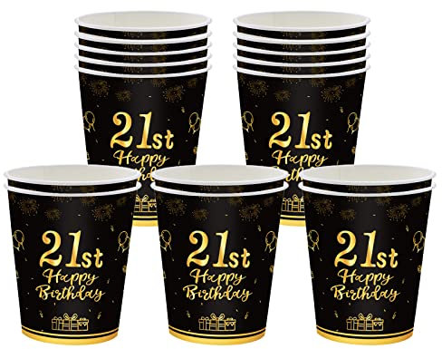16 Gobelets Jetables Noir et Or pour Anniversaire 21 Ans - Kit Vaisselle Decoration pour Homme/Femme