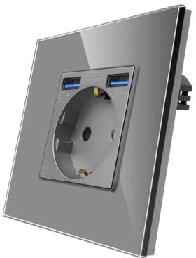 CNBINGO Enchufe puertos USB (Tipo-A 2.1 Amp total) - Enchufe de pared de contacto de protección de diseño simple con marco de vidrio - Toma USB de empotrar en Gris