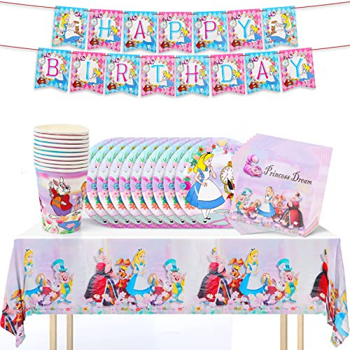 Gxhong Alice im Wunderland Thema Party Dekoration liefert Geburtstag Geschirr Kit mit Tischdecke Pappteller Tassen Servietten für Geburtstag Deko Mädchen, Tee Party, Nachmittagstee