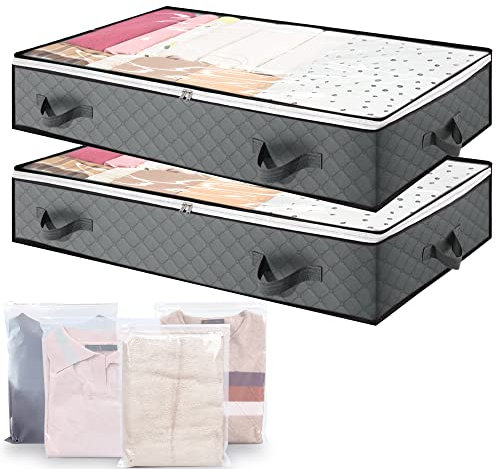 YAJIAYA 2PCS Underbed Storage Bags Foldable Large Under Bed Storage Box with 4 pcs Large Clothes Storage Bag,Under Bed Storage Bag with Reinforced Handle for Clothes Quilts Blankets Bedding 1