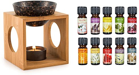 levandeo Duftlampe inkl. 10 Duftöle aus Holz Bambus Schwarz Keramik Quadratisch Aromaspender Öllampe Aromalampe