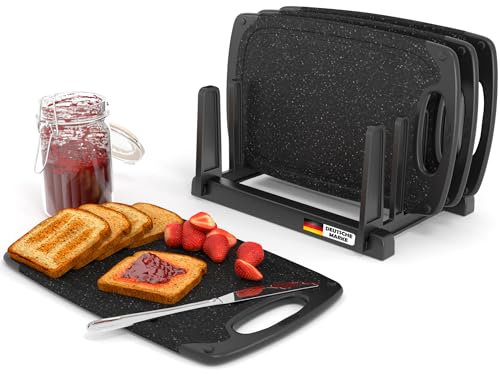 KPYTO Frühstücksbrettchen 4-er Set mit Ständer, 25x15 cm, schwarz-schwarz spülmaschinenfest beidseitig rutschfest mit Saftrille und Griff Schneidebrettchen Kunststoff klein antibakteriell