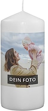PhotoFancy® - Personalisierte Kerze mit eigenem Foto bedrucken lassen - Fotokerze mit eigenem Foto und Text selbst gestalten - 15 cm Höhe