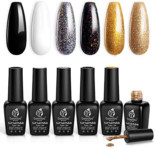Beetles Black Gold Glitter Gel Nail Polish Set - 6 Colors Black White Silver Rose Gold Glitter All Season Gel Polish Kit Soak Off Nail Lamp Gel Kit Gel Nail Art